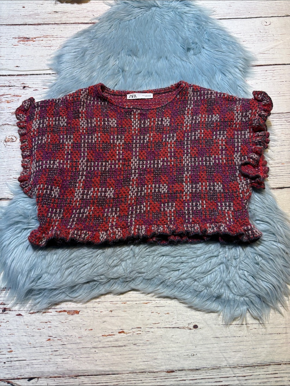 Zara Red & Purple Plaid Tweed Cropped Ruffle-Sleeve Sweater sz S